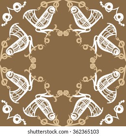 Floral pattern, doodles,bagels, bird, branches, leaves, circular . Hand drawn.