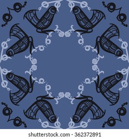 Floral pattern, doodles,bagels, bird, branches, leaves, circular . Hand drawn.