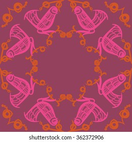 Floral pattern, doodles,bagels, bird, branches, leaves, circular . Hand drawn.