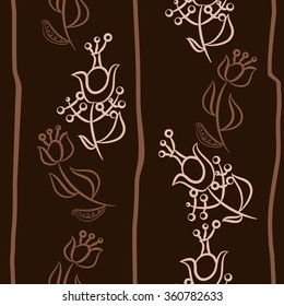 Floral pattern, doodles,ellipses,  branches, leaves, stamens, seamless, vertical. Hand drawn.