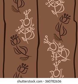 Floral pattern, doodles,ellipses,  branches, leaves, stamens, seamless, vertical. Hand drawn.