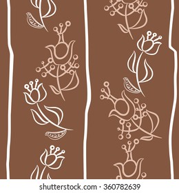 Floral pattern, doodles,ellipses,  branches, leaves, stamens, seamless, vertical. Hand drawn.