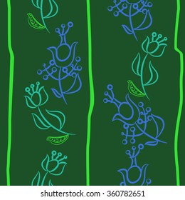 Floral pattern, doodles,ellipses,  branches, leaves, stamens, seamless, vertical. Hand drawn.