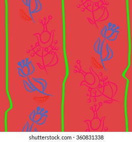 Floral pattern, doodles,ellipses,  branches, leaves, stamens, seamless, vertical. Hand drawn.