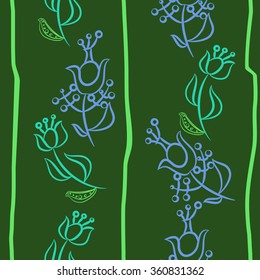 Floral pattern, doodles,ellipses,  branches, leaves, stamens, seamless, vertical. Hand drawn.