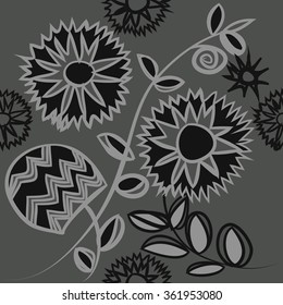 Floral pattern, doodles,spirals, branches, leaves,zigzag, seamless . Hand drawn.