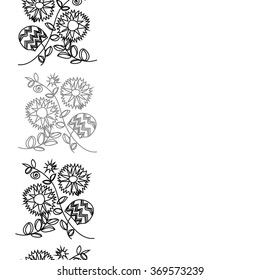 Floral pattern, doodles,spirals, branches, leaves,zigzag, seamless, vertical . Hand drawn.