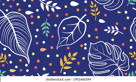 Floral pattern with drawn palm leaves. Flower seamless summer festive background. Flourish ornamental garden with polka dot ornament.