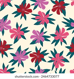 A floral pattern is drawn with pink and red flowers and green leaves. The flowers are arranged in a way that creates a sense of movement and flow. Scene is one of beauty and tranquility