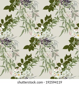 Floral pattern in earthy tones with jasmine, narcissus and black berries