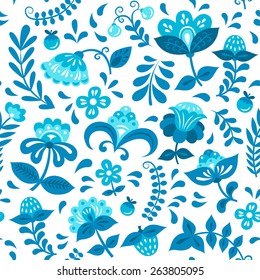 Floral pattern with elements of Russian ornament. Seamless pattern can be used for wallpaper, pattern fills, web page background, surface textures