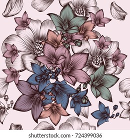 Floral pattern with engraved hand drawn flowers in vintage style