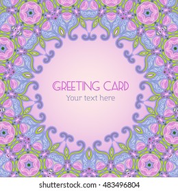 Floral pattern in ethnic style for your greeting card or invitation, template frame design for card, vintage lace doily, vector illustration