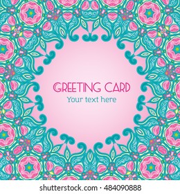 Floral pattern in ethnic style for your greeting card or invitation, template frame design for card, vintage lace doily, vector illustration