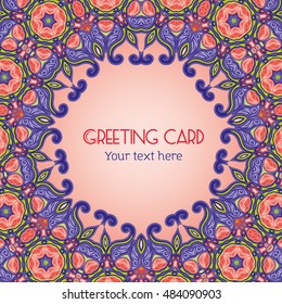 Floral pattern in ethnic style for your greeting card or invitation, template frame design for card, vintage lace doily, vector illustration