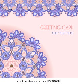 Floral pattern in ethnic style for your greeting card or invitation, template frame design for card, vintage lace doily, vector illustration