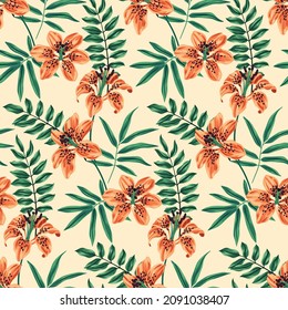 Floral pattern with exotic plants in vintage style. Seamless pattern with tiger lily and various leaves. Tropical print on a light background. Vector.