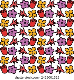 Blumenmuster, Stoffmuster, verschiedene farbige Blumen, handgezeichnet