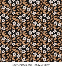 Padrão floral, padrão de tecido, flores brancas, fundo preto, folhas, videiras, padrão de papel de parede, fundo, padrão de tapete