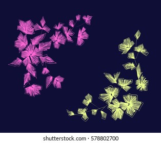 Floral pattern with fantasy flowers isolated. Line art. Vector illustration hand drawn . Embroidery design elements - flowers, leaves.
