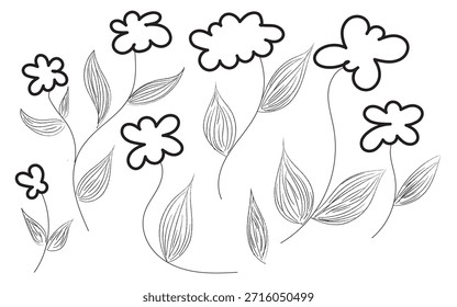 Floral pattern features outlined flowers and leaves creating a whimsical design suitable for backgrounds, invitations, or decorative projects adding a touch of nature.