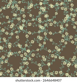 A floral pattern featuring intertwined roses and leaves on a dark background.