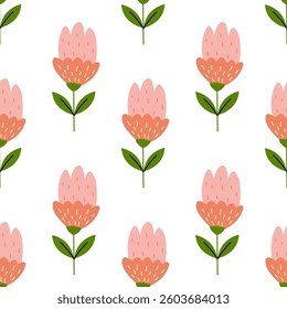 Floral pattern featuring pink flowers with green leaves on a white background