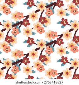 Floral pattern featuring pink and red blossoms with green leaves on a white background, suitable for fabric, wallpaper, or stationery design