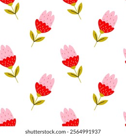 Floral pattern featuring red and pink flowers with green leaves on a white background