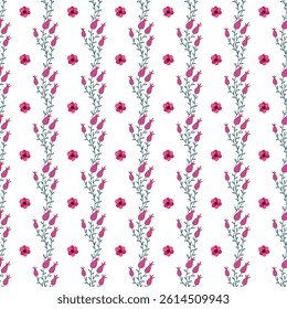  floral pattern featuring soft pink blooms with green stems arranged on a white background. Ideal for textile design, wallpaper prints, or any decorative uses requiring a cheerful and elegant motif.
