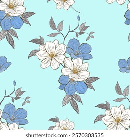 A floral pattern featuring white and blue flowers with brown leaves on a light turquoise background. The design is delicate and symmetrical, creating a soft and elegant appearance. Vector seamless