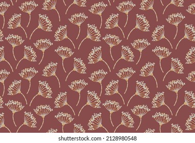 Floral pattern with field flowers. Beige and yellow simple texture flowers on red background.