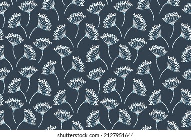 Patrón floral con flores de campo. Flores de textura simple azul y blanca sobre fondo negro.
