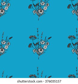 Floral pattern with field flowers and lavender. Hand drawn flowers sketch. Vector illustration.