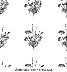 Floral pattern with field flowers and lavender. Hand drawn flowers sketch. Vector illustration.