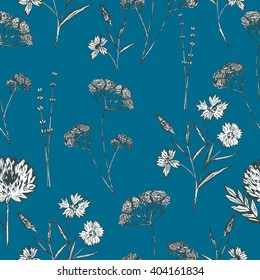 Floral pattern with field flowers and lavender. Hand drawn flowers sketch. Vector illustration.