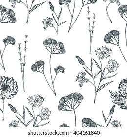 Floral pattern with field flowers and lavender. Hand drawn flowers sketch. Vector illustration.