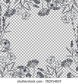 Floral pattern with field flowers and lavender on transparent background. Hand drawn flowers sketch. Vector illustration.