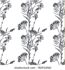Floral pattern with field flowers and lavender. Hand drawn flowers sketch. Vector illustration.