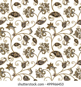 Floral pattern. Flourish oriental ethnic background. Arabic ornament with fantastic flowers and leaves. Wonderland swirl nature motives of stylish vintage fabric patterns.