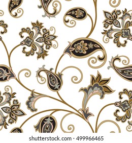 Floral pattern. Flourish oriental ethnic background. Arabic ornament with fantastic flowers and leaves. Wonderland swirl nature motives of stylish vintage fabric patterns.