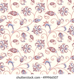 Floral pattern. Flourish oriental ethnic background. Arabic ornament with fantastic flowers and leaves. Wonderland swirl nature motives of stylish vintage fabric patterns.