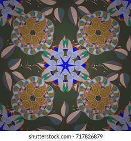 Floral pattern. Flourish ornamental spring garden texture. Flowers on green, blue and pink colors. Vector illustration. Flower seamless on green, blue and pink colors.