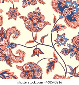 Floral  pattern. Flourish retro background. Branch with fantastic flowers, leaves and berries. Wonderland motives of the paintings of ancient Indian fabric patterns.