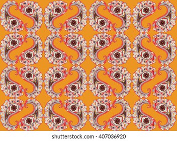 Floral pattern Flourish tiled background. Abstract geometric ornament with fantastic flowers and leaves. Wonderland ornamental motives