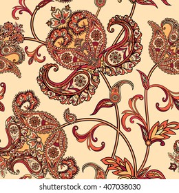 Floral pattern Flourish tiled oriental ethnic background. Arabic ornament with fantastic flowers and leaves. Wonderland motives of the paintings of ancient Indian fabric patterns.