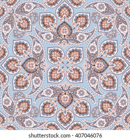 Floral pattern Flourish tiled oriental ethnic background. Abstract geometric ornament with fantastic flowers and leaves. Wonderland ornamental motives