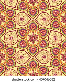 Floral pattern Flourish tiled oriental ethnic background. Abstract geometric ornament with fantastic flowers and leaves. Wonderland ornamental motives