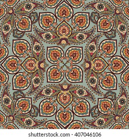 Blumenmuster Blütendes, orientalisches Fliesen, ethnischer Hintergrund. Arabische Ornamente mit fantastischen Blumen und Blättern. Wunderland-Ziermotive der Gemälde alter indischer Stoffmuster.