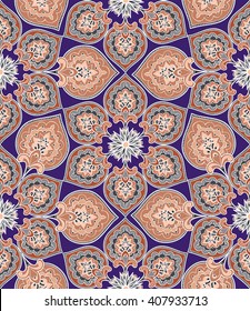 Floral pattern Flourish tiled oriental ethnic background. Arabic ornament with fantastic flowers and leaves. Wonderland motives of the paintings of ancient Indian fabric patterns.